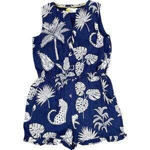 Mini Boden Kids Girls Blue White Tropical Print Sleeveless Romper Cotton 4-5Y